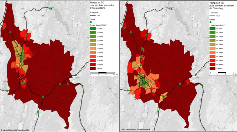 Figure 14 –  Isochrone : combien de temps pour accéder à Chambéry centre en TC en HPM (droite)