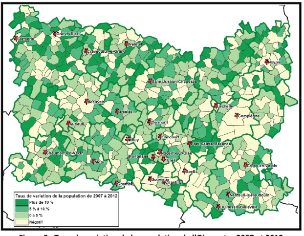 Figure 3 : Taux de variation de la population de l’Oise entre 2007 et 2012  Source : INSEE - 2012 ; Réalisation : Personnelle 