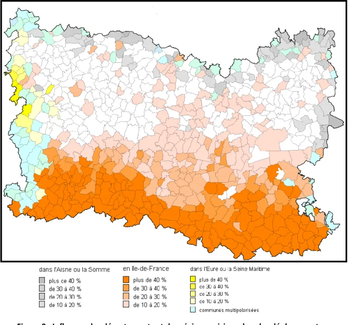 Figure 9 : Influence des départements et des régions voisines dans les déplacements  Source : DDT de l'Oise (juin 2014) 