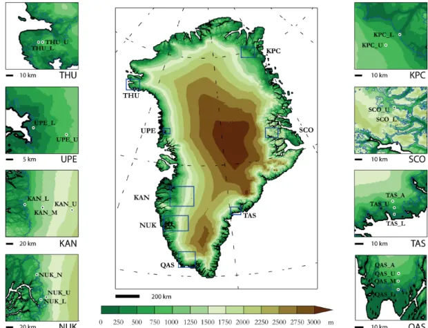 Figure 1. Localization of the 21 AWSs from the PROMICE network used in the study. The blue lines in detailed maps represent the ice sheet margin.