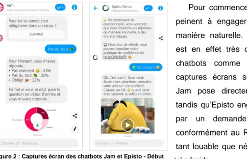 Figure 2 : Captures écran des chatbots Jam et Episto - Début  de la conversation 