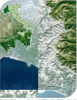 Illustration  11  :  Vue  satellite  du  Piémont  et  situation du Piémont en Italie. 