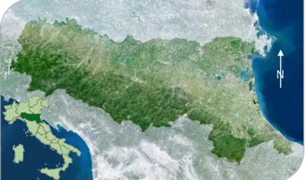 Illustration  13  :  Vue  satellite  de  l’Emilie-Romagne  et  situation  de  l’Emilie-Romagne en Italie