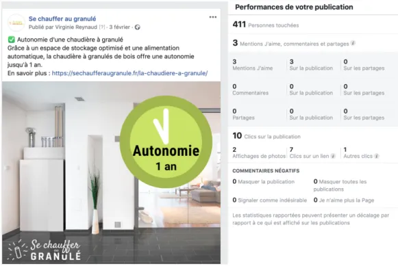 Figure 9 : Publication Facebook autonomie d'une chaudière à granulés 