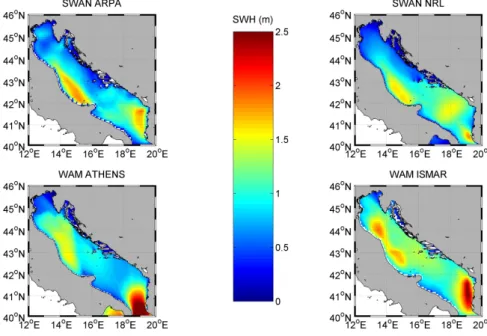 Fig. 2. Wave forecasts for 23 March 2006 at 00:00 UTC in the Adriatic Sea.
