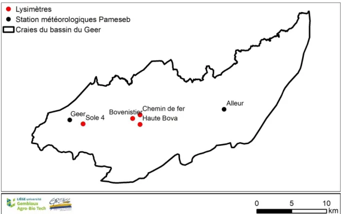 Figure 3. Proximité des stations météorologiques du réseau PAMESEB vis-à-vis des parcelles lysimétrées