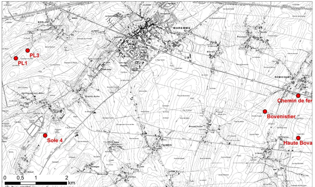 Figure 1. Carte de localisation des lysimètres Grosse Pierre Chemin de Fer, Gros Thier Bovenistier, Haute Bova, PL1, PL3 et Sole 4