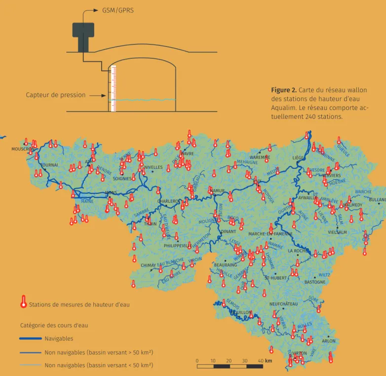 Figure 2. Carte du réseau wallon  des stations de hauteur d’eau  Aqualim. Le réseau comporte  ac-tuellement 240 stations.