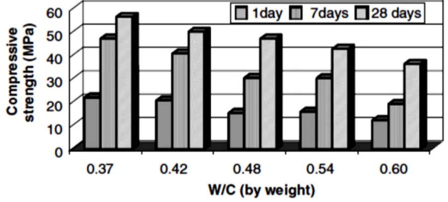 Figure 2-16 : Effet du rapport E/C sur le développement des résistances à la compression  [Felekoğlu et al., 2007] 