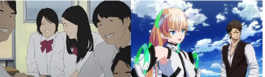 Figure 8: captures d’écran issues d’Aku no Hana (à gauche) et Escape from Paradise (à droite) (SUAN, Stevie, « Anime’s Performativity: Diversity through Conventionality in a