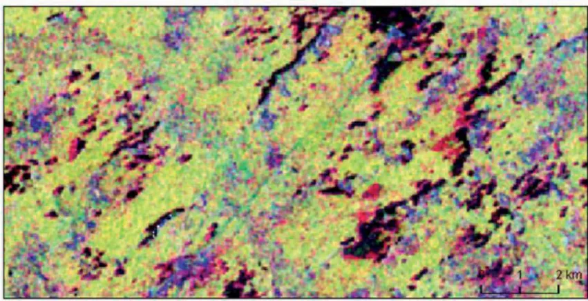 Figure 12. Progression du sable de décembre 95 à avril 96. Composition colorée  de coh95, coh96 et mod951 en RGB (piste 408).