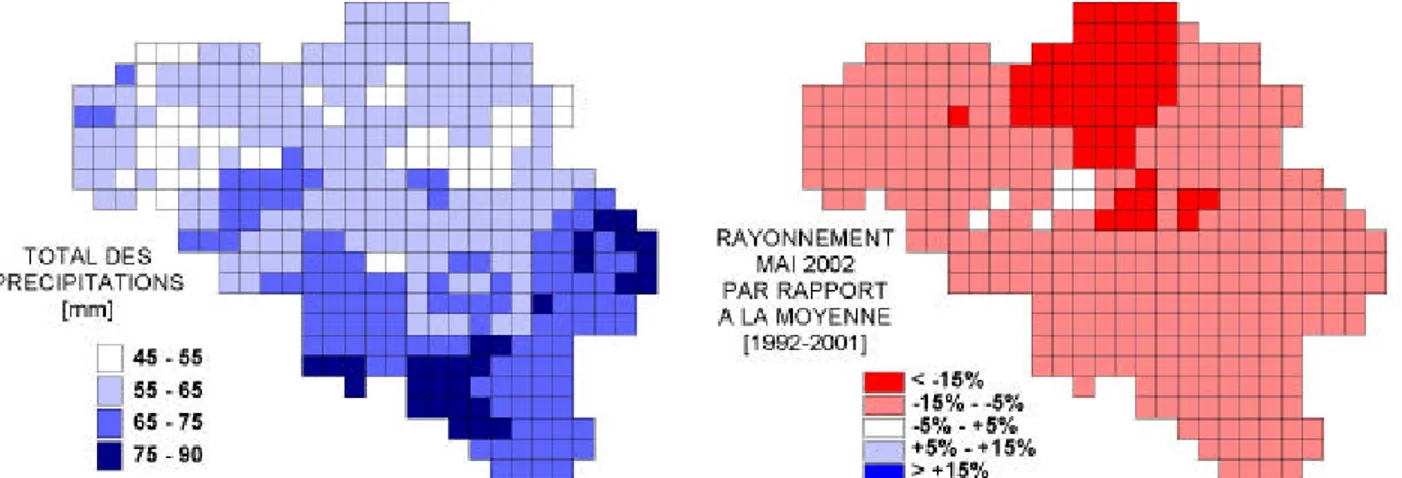 Figure 1 : Total des précipitations (mm) en mai 2002 et écart par rapport à la moyenne (1992-2001) du  rayonnement enregistré en mai 2002