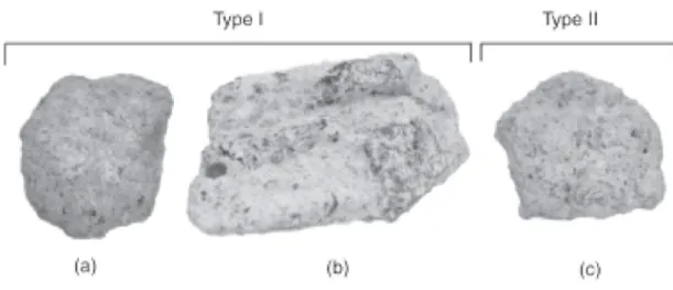 Figure 5 Les types des gros granulats de béton recyclé, selon la forme structurale. Le contenu du mortier résiduel  est partiel (a) et (b); est presque en totalité (c)