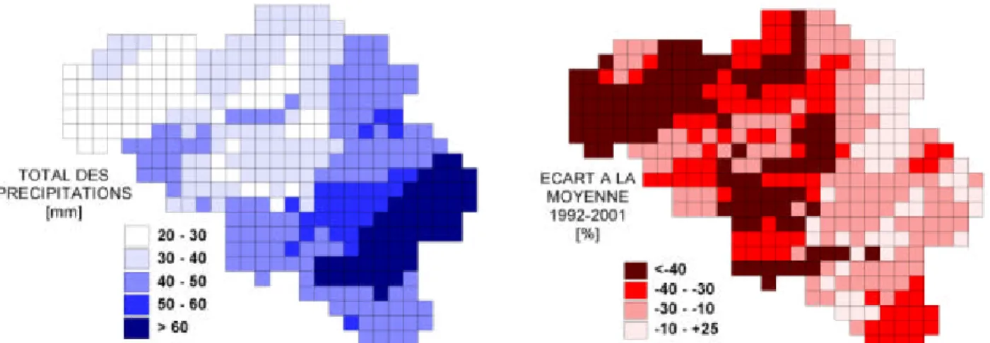 Figure 1 : Total des précipitations (mm) et écart par rapport à la moyenne (1992-2001) en avril 2002