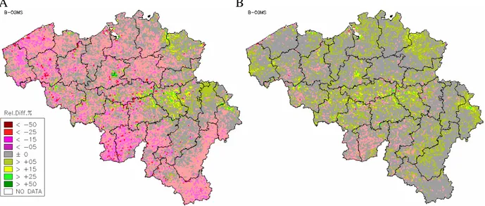 Figure 3 :  Écart relatif (%) en avril 2005 par rapport à la même période en 2004. A:  la productivité végétale   dérivée d’images satellitaires SPOT-VEGETATION et de données météorologiques, B:  l’état de la végétation  dérivé d’images satellitaires SPOT-