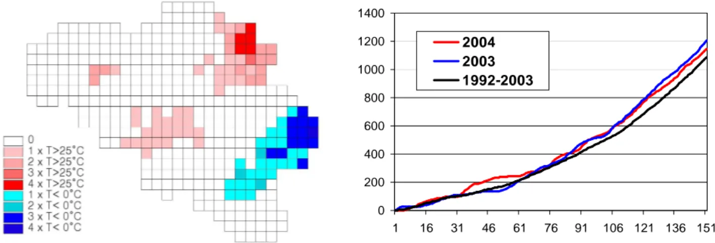 Figure 3 :  Écart relatif (%) en mai 2004 par rapport à la moyenne historique 1998-2003  (a) la productivité végétale  (dérivé d’images satellitaires  SPOT - VEGETATION  et de données météorologiques)  (b)  l’état de la végétation (dérivé 