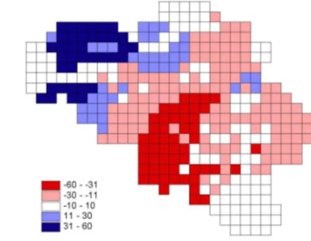 Figure 1.B : Ecart en %, des précipitations cumulées  entre mars et mai 2005 par rapport à la moyenne  (1992-2004)