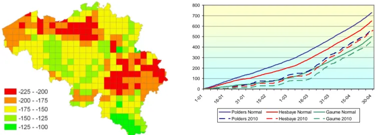 Figure 1 : (a)  Ecart (degrés.jours) de la somme des températures entre le 1.1 et le 30.4.2010  par  rapport à la normale calculée sur la période 1988-2008