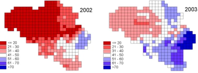 Figure 1 : Nombre de jours de gel enregistrés de janvier à mai 2002 et 2003. 