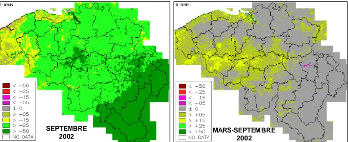 Figure 2 : Écart relatif (%) de la productivité végétale en septembre et mars-septembre 2002, par rapport  aux mêmes périodes en 2001