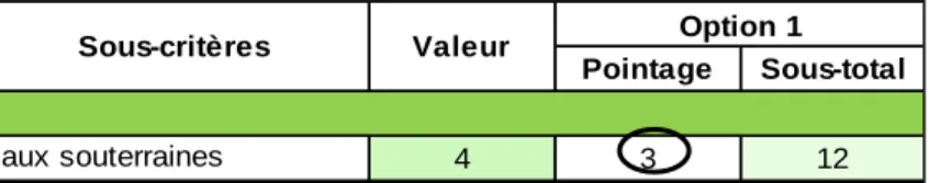 Figure 5.1 : Pointage accordé à un sous critère, pour une option 
