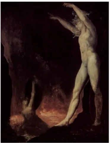 Tableau 6 FÜSSLI Henry. Satan invoquant Belzébuth sur la mer de feu, 1797-1799, huile sur toile, (442 × 366),  Stratfield Saye, duc de Wellington.