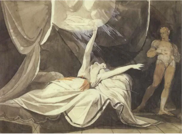 Tableau 9 FÜSSLI Henry. Kriemhilde voit en songe Siegfried mort, 1805-10, huile sur toile, (385 × 485), Zürich,  Kunsthaus.