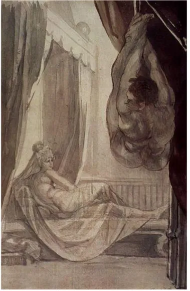 Tableau  10  FÜSSLI  Henry,  Brunhilde  contemple  Gunther  suspendu  au  plafond,  1807,  crayon,  plume,  encre,  aquarelle sur papier, (483 × 317), Nottingham, Castle Museum.