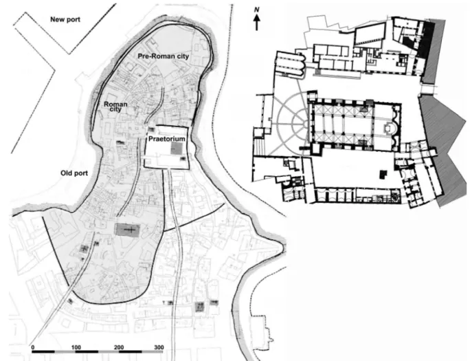 Fig. 1. Byzantine Bari and the Basilica of San Nicola. Left panel: Plan of the Byzantine city indicating the location of the praetorium; right panel: magniﬁed ground plan of the 12th-century basilica (both adapted from [28]).