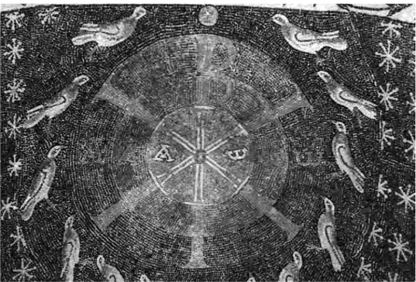 Fig. 9. Albenga, battistero di S. Giovanni, mosaici con chrismon con lettere apocalittiche.