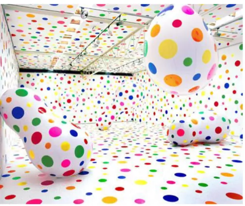 Figure 4: Dots Obsession -New Century, 11 ballons, pois en vinyle, dimensions  variables, Yayoi KUSAMA, 2000