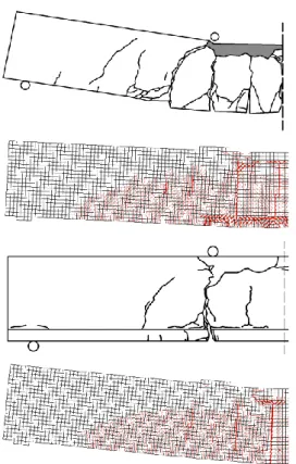 Figure 6. Measured and predicted crack patters at failure of  beams B0 (above) and BL60 (below) (post-processor Augustus  [26])