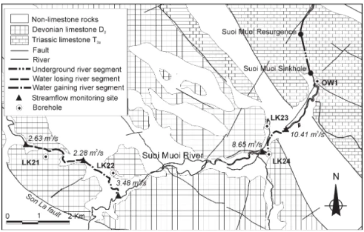 Fig. 2 Gaining and losing river segments along the Suoi Muoi River