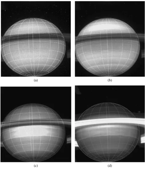 Fig. 1. Images of Saturn (a) at 230 nm, (b) 275 nm, (c) 673.2 nm, and (d) 893 nm. The images are presented with an overplotted grid 15 ◦ spaced parallels and 20 ◦ spaced meridians.