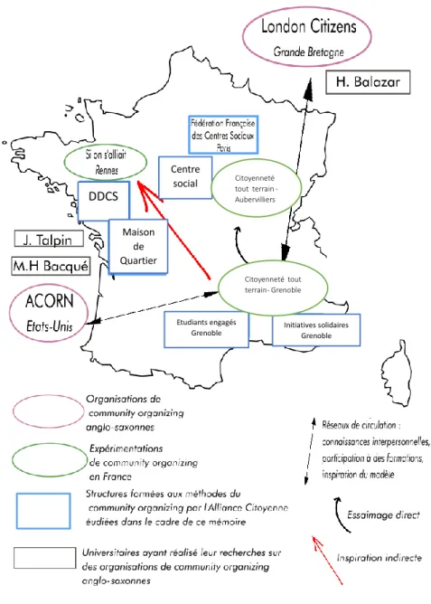 Figure 3 : Cartographie des réseaux de diffusion du community organizing en France étudiés dans ce  mémoire (Flora Perez)