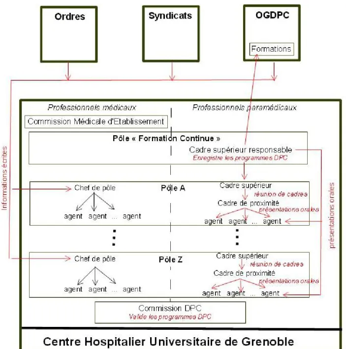 Illustration 1: Schéma de la diffusion des informations relatives au DPC au sein du CHU de  Grenoble au 1 er  juillet 2014.