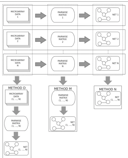 Fig. 1 Meta-network strategies: assembling datasets, pairwise matrices or networks