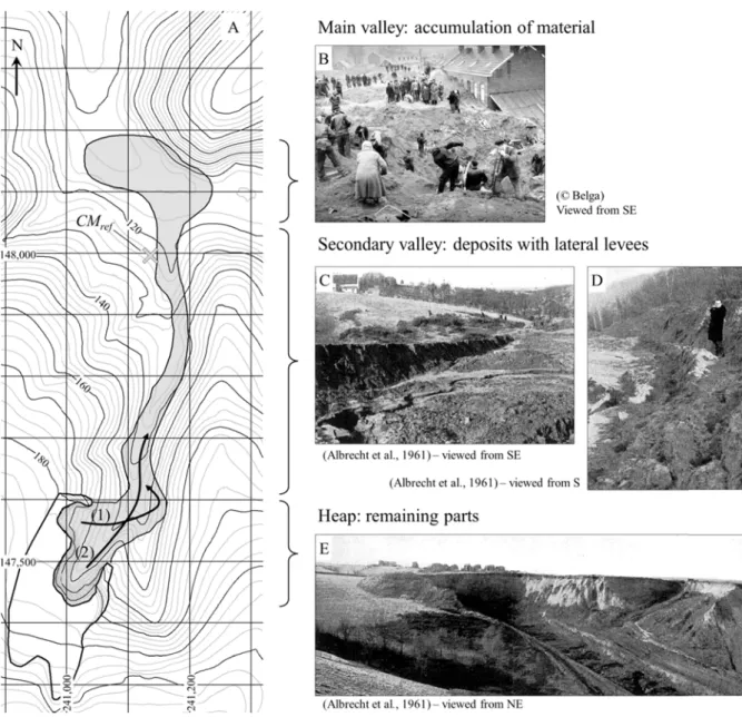Fig. 2. ( area cov initial fl 100 m  deposits (A) Topogr vered by th flow directio reference  gs