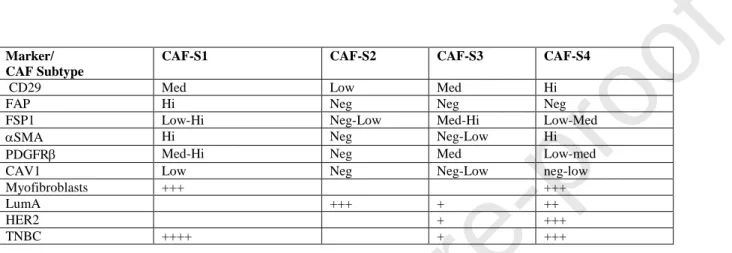 Table  3.  CAF  heterogeneity  as  revealed  by  differential  expression  of  biomarkers  in  human  breast  cancer  CAF  subsets