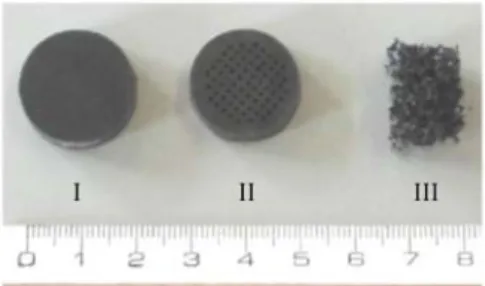 Figure 1: From left to right, photographs of the plain sample (I), the drilled sample (II), and the foam sample  (III)