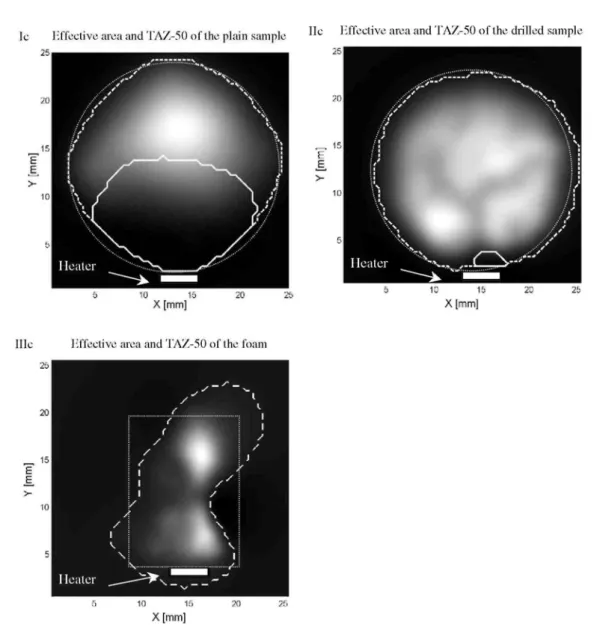 Figure 4: The effective area of the sample and the thermally affected zone (TAZ-50) are respectively represented  by a dashed line and a continuous line for each sample