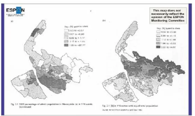 Figure 2 : Influence du zonage sur la perception d’un phénomène  Source : [ESPON, 2006 : p.7 ; à partir d’Openshaw et Rao, 1995 24 ] 