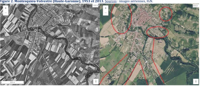 Figure 2. Montesquieu-Volvestre (Haute-Garonne), 1953 et 2013. Sources : images aériennes, IGN
