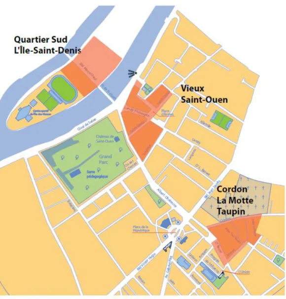 Figure  7 :  Périmètre  du  projet  de  renouvellement  urbain  de  Saint-Ouen  et  L’Ile-Saint-Denis,  source :  site  internet  de  la  municipalité de Saint-Ouen 