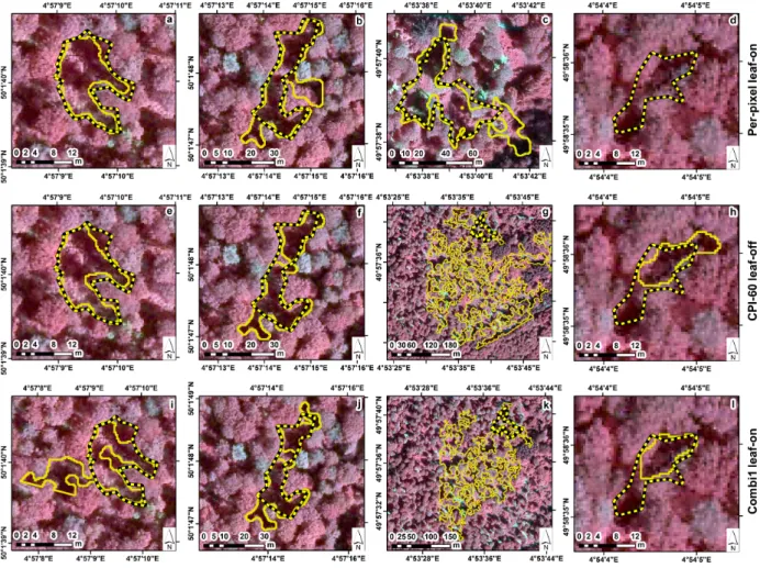 Figure 9. Four examples of canopy gap mapping results (yellow polygons) are compared with the the reference gaps (black-yellow dashed polygons) overlain on a near-infrared composite (50 cm, year 2009): (a–d) are per-pixel classification of leaf-on data;