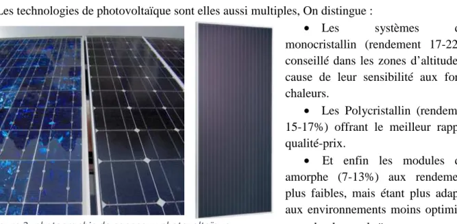 Figure 3- photographie de panneaux photovoltaïque :  polycristallin, monocristallin et amorphe
