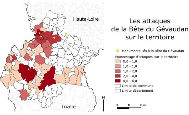 Figure 2. Répartition des infrastructures liées à la Bête en comparaison du nombre d’attaques sur le               territoire