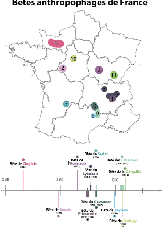 Figure 5. Répartition géographique et chronologique des Bêtes anthropophages de France