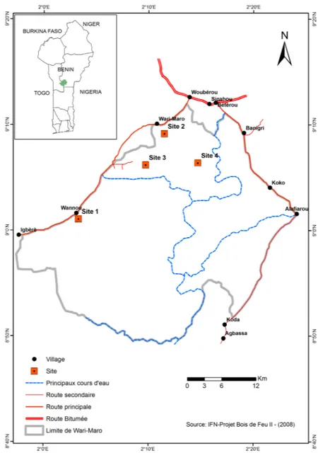 Figure 1. Situation géographique du massif forestier de Wari-Maro, Bénin. Les  quatre sites se localisent dans la moitié septentrionale de la carte — Location of  the Wari-Maro forest reserve, Benin