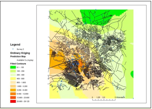 Figure 2. Répartition des teneurs en cuivre (mg.kg-1) des sols dans la ville de Lubumbashi et  de ces alentours